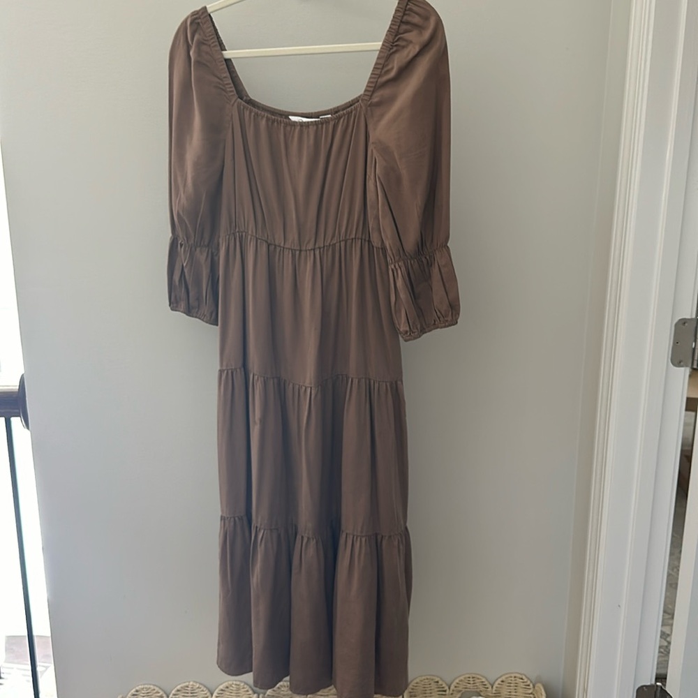 Brown, 3/4 sleeve, Midi Dress